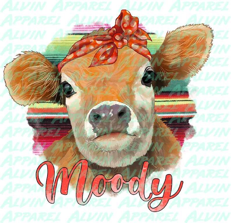 Moody Cow Head Heifer DTF Transfer, Ready to Press, Direct to Film Transfers, Full Color Heat Transfers