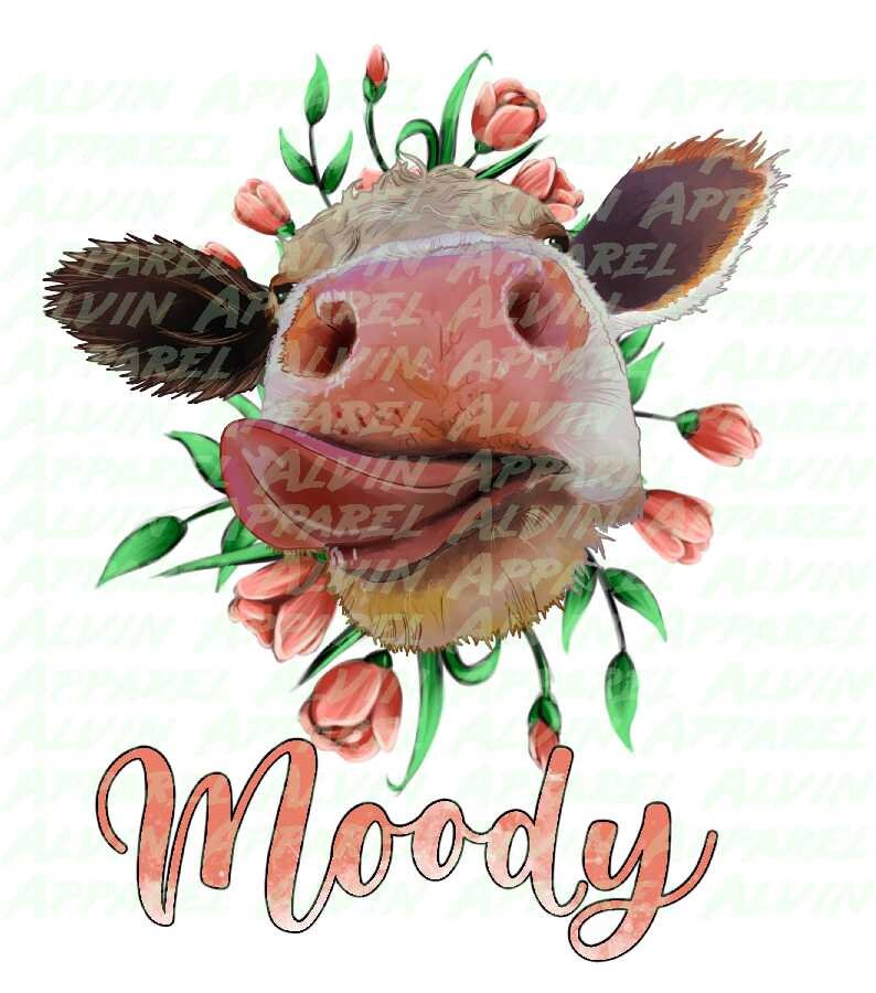 Moody Cow Head Heifer Tulips Transfer