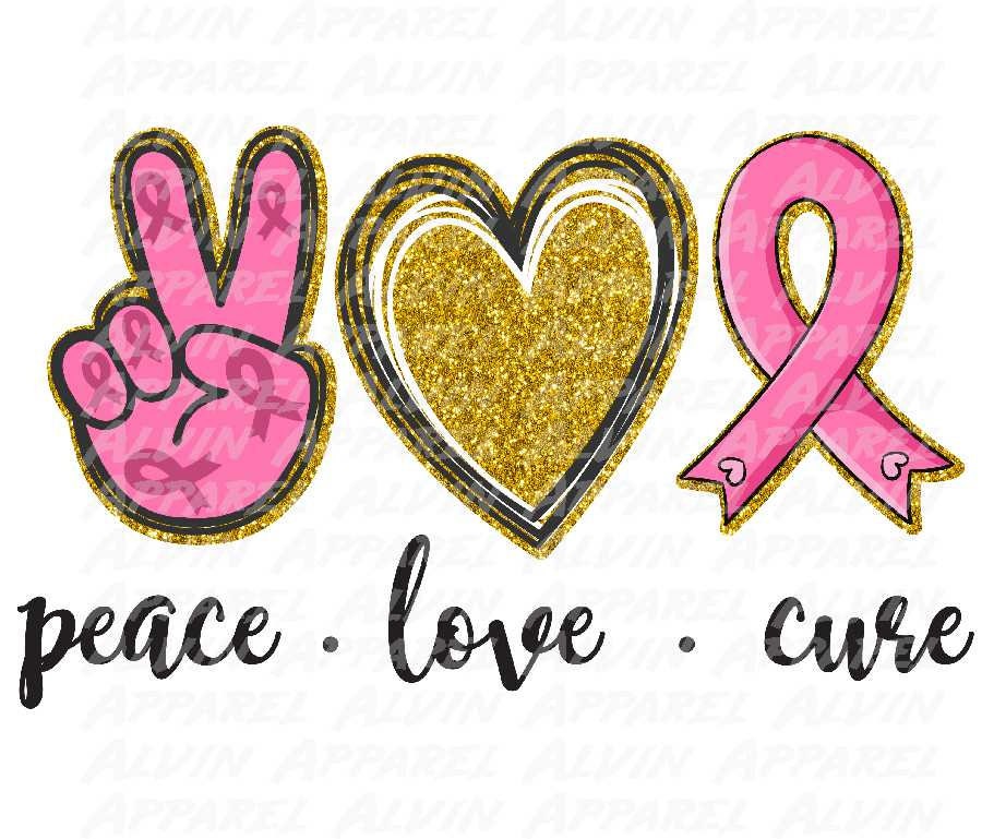Peace Love Cure Breast Cancer Awareness Gold Glitter Transfer