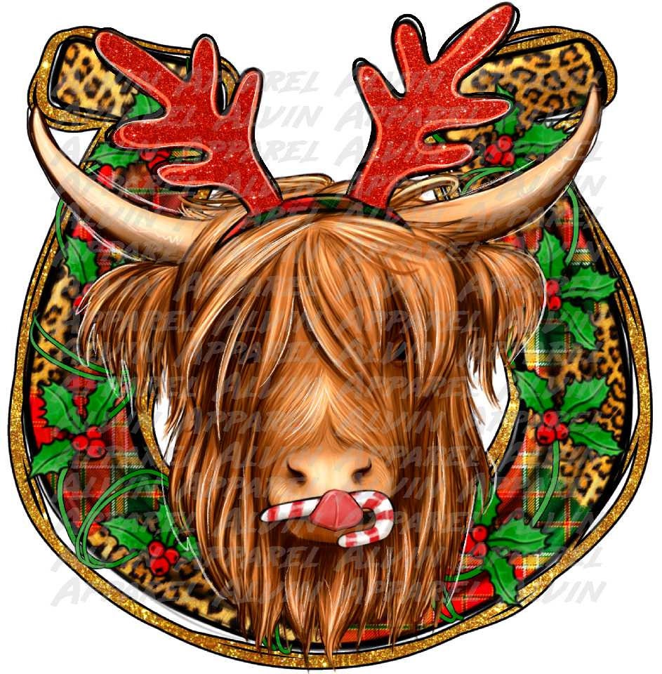 Christmas Highland Cow Horseshoe Transfer