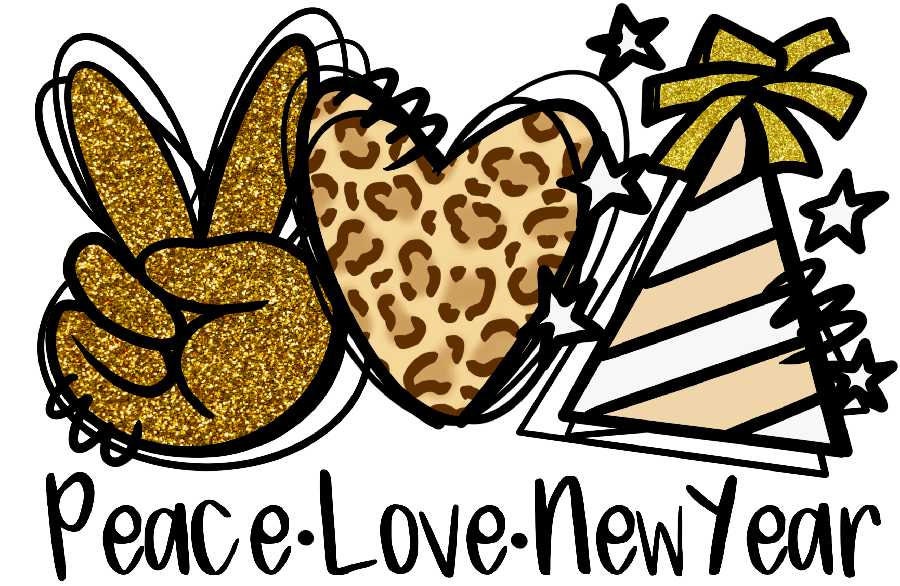 Peace Love New Year Hat Gold Glitter Transfer