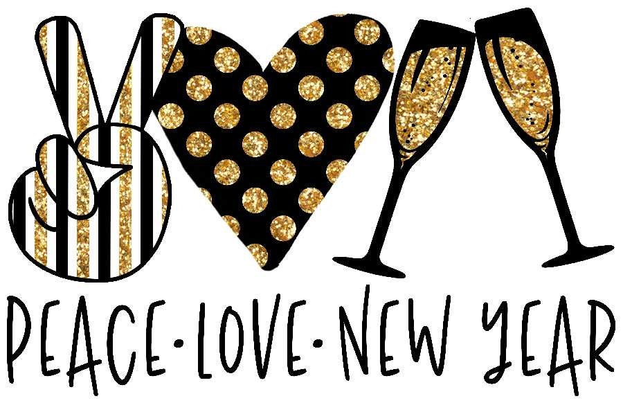 Peace Love New Year Champagne Glasses Gold Glitter Transfer