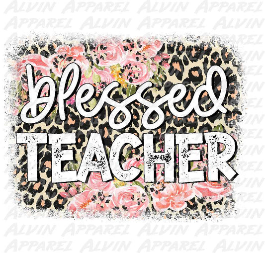 Blessed Teacher Leopard Roses Distressed