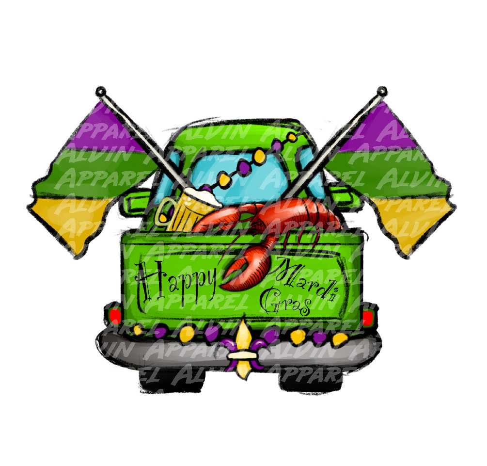 Mardi Gras Green Truck with Flag Crawfish Beads