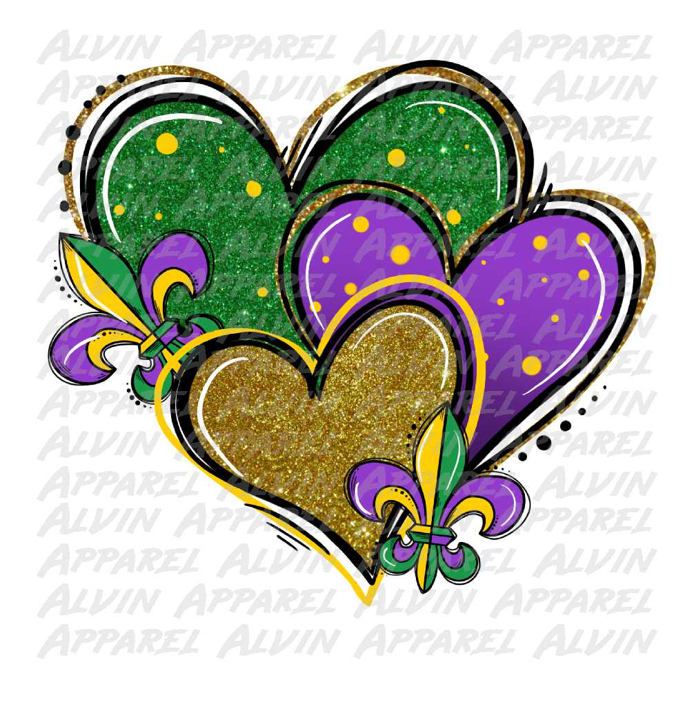 Heart Trio Purple Green Gold Mardi Gras Fleur de Lis
