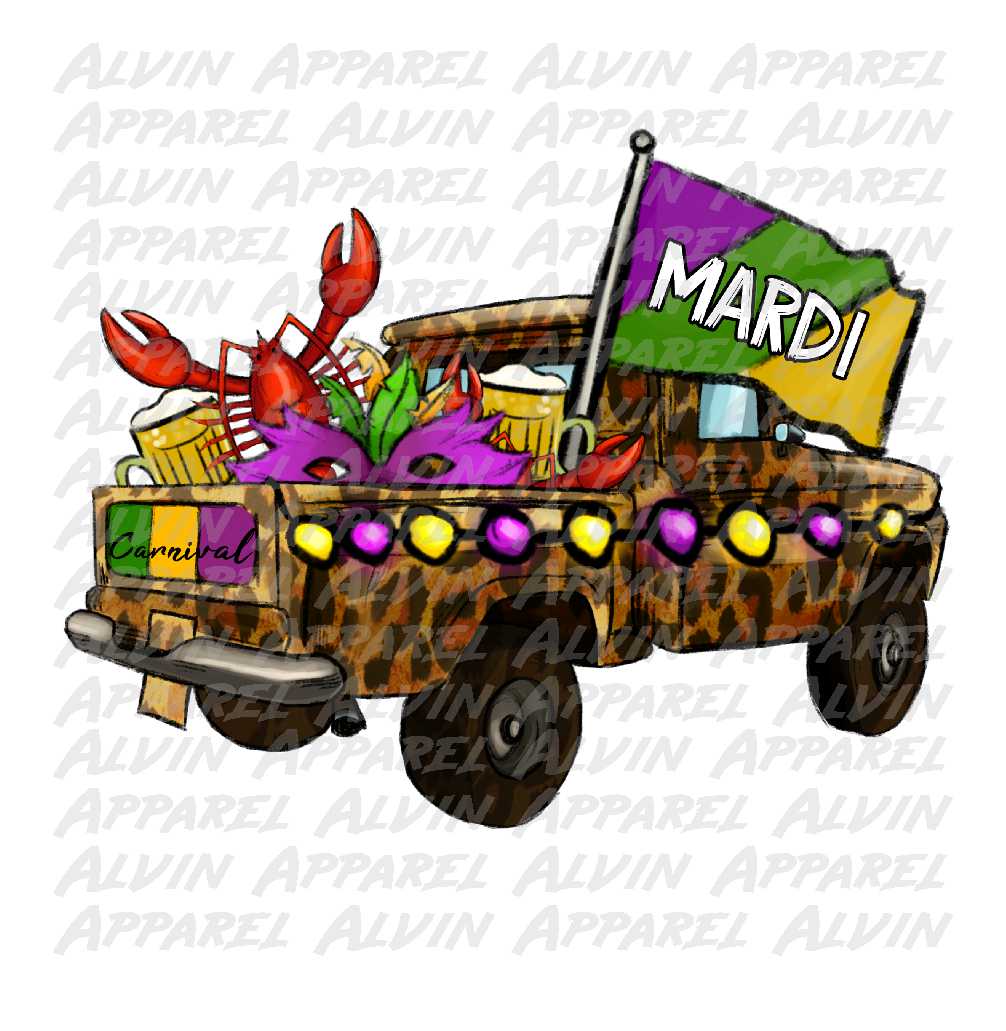 Mardi Gras Leopard Truck with Flag Crawfish Beads