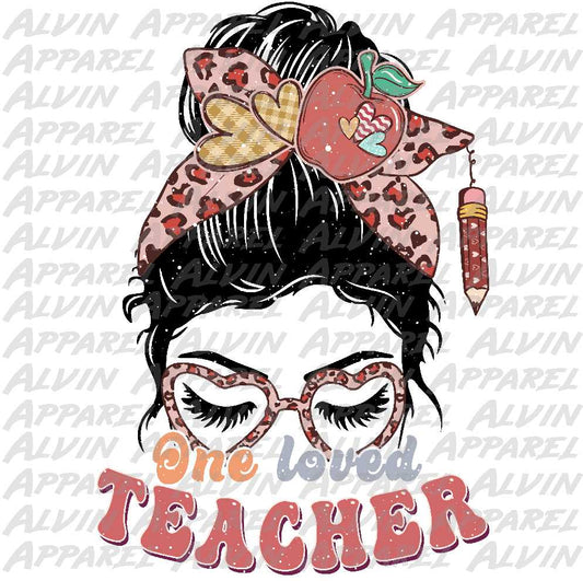 One Loved Teacher Messy Bun Leopard Apple Bow