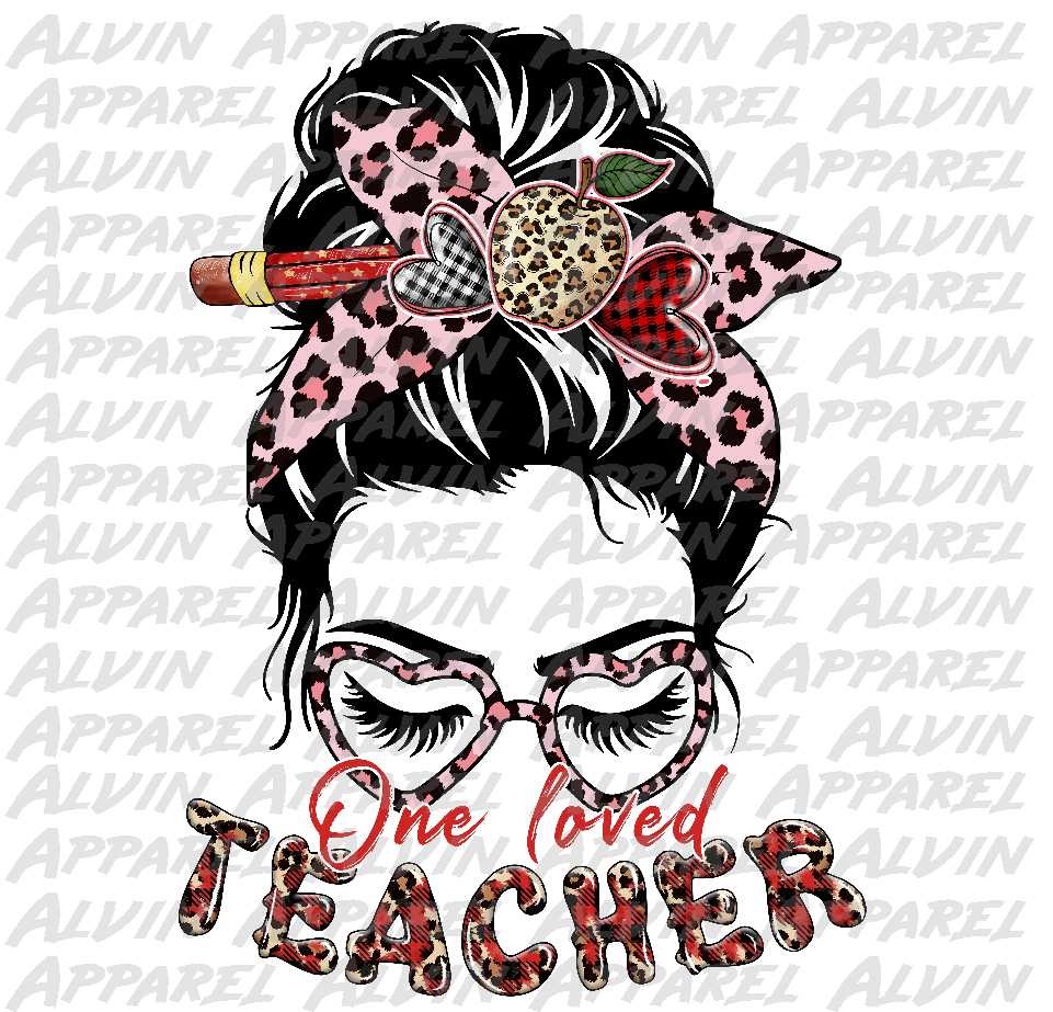 One Loved Teacher Messy Bun Red Apple