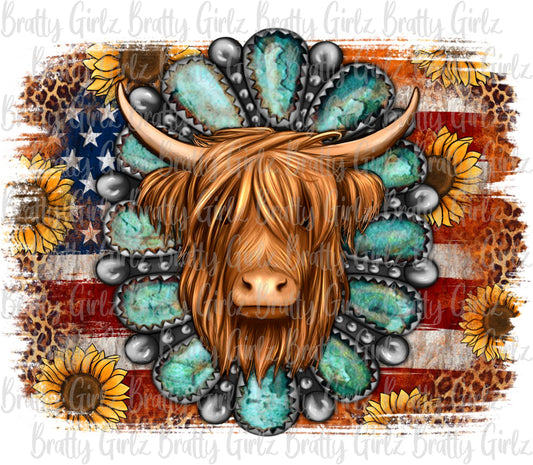 American Flag Highland Cow Turquoise