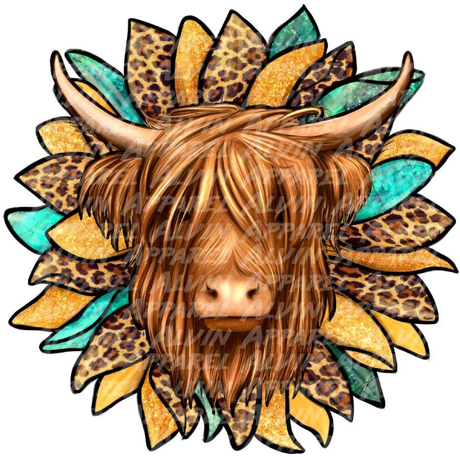 Highland Cow Turquoise Sunflower Transfer