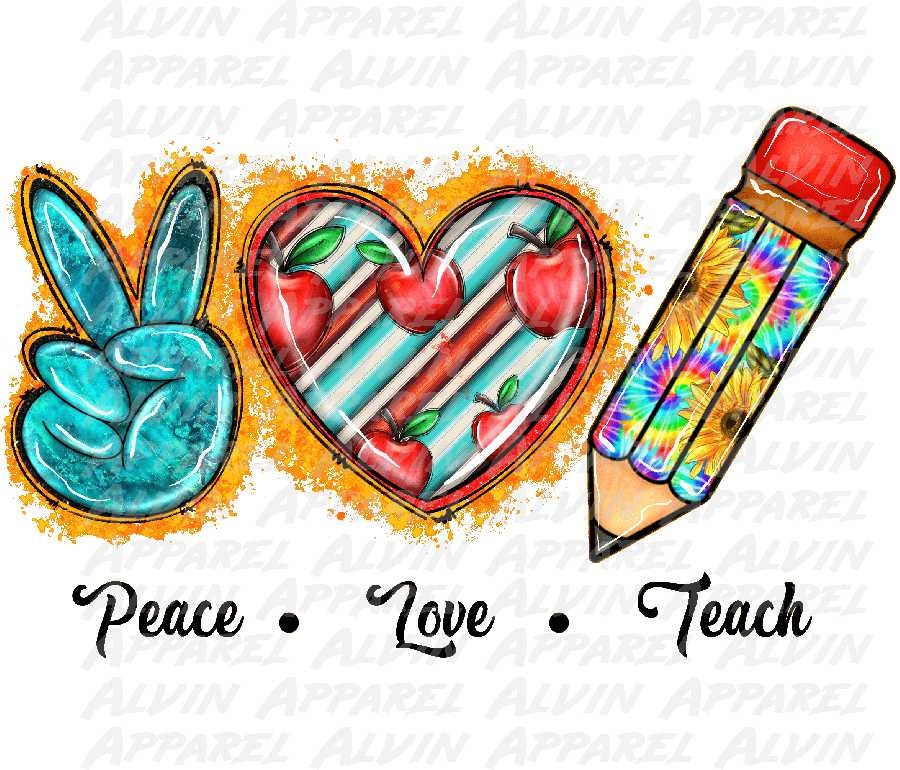 Peace Love Teach Apple Pencil Tie Dye DTF Transfer