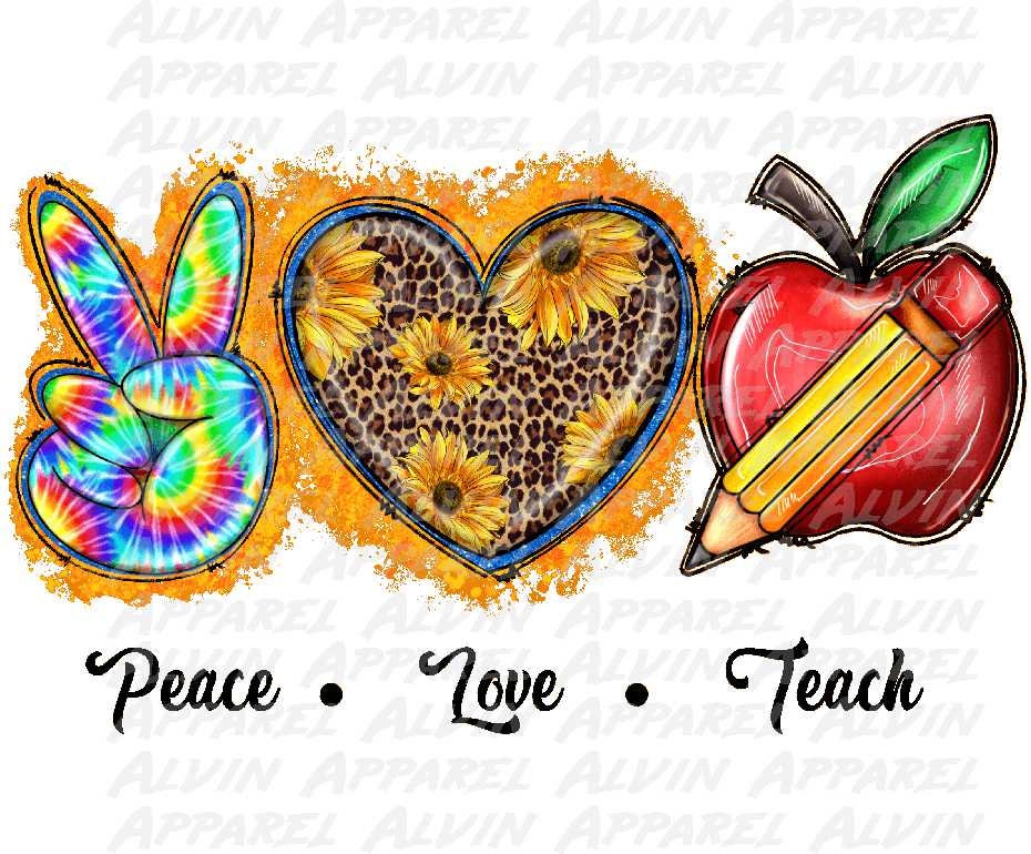 Peace Love Teach Sunflower Apple Pencil Tie Dye DTF Transfer