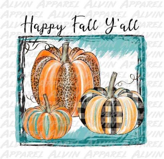 Happy Fall Y'all Blue Square Transfer