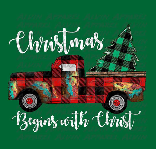 Christmas Begins with Christ Plaid Truck Transfer