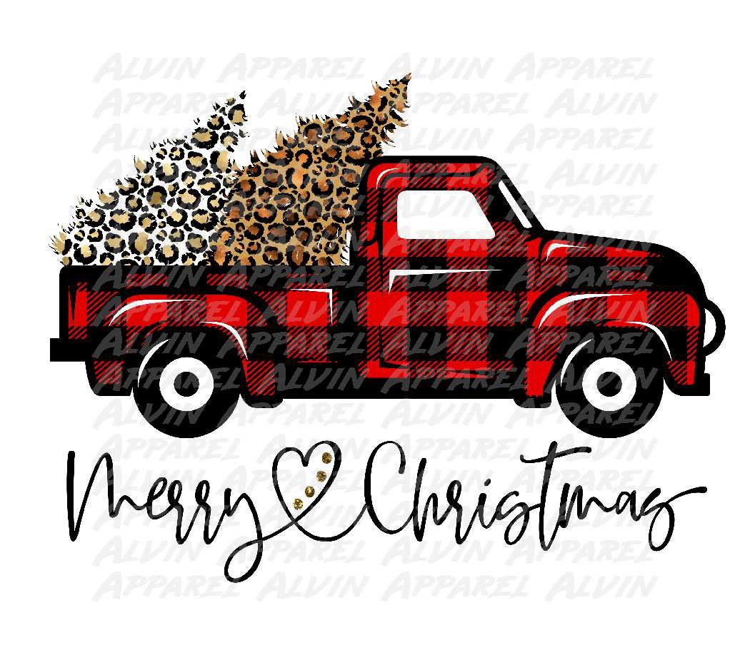 Merry Christmas Red Truck Buffalo Plaid Leopard with Trees Transfer