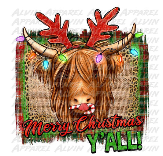 Merry Christmas Y'all Highland Cow Transfer