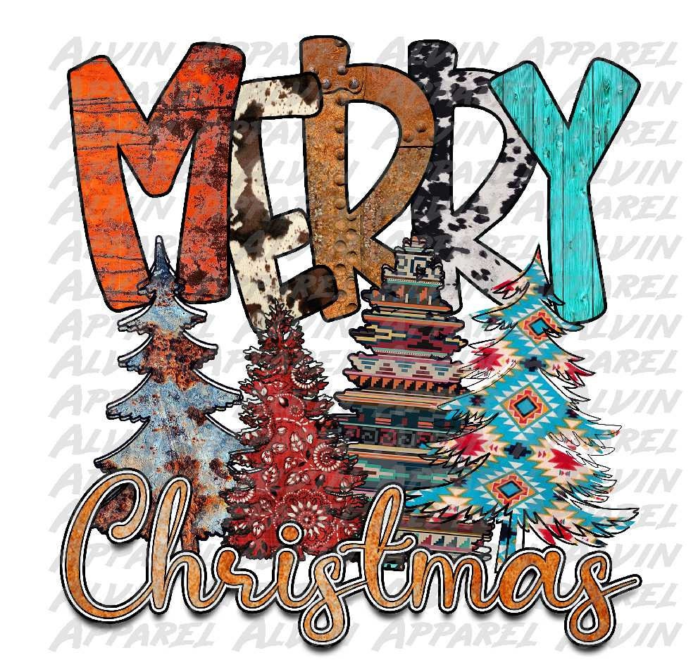 Western Merry Christmas Trees Large Letters Transfer