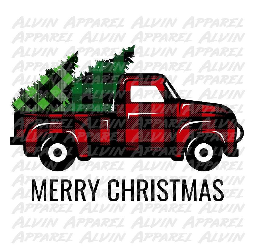 Merry Christmas Red Truck Buffalo Plaid Green with Trees Transfer