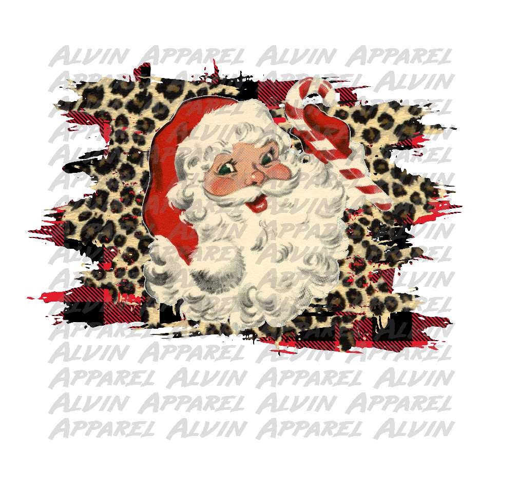 Santa Candy Cane Leopard Red Plaid Background Transfer