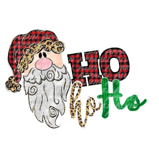 Santa Red Plaid Hat Leopard Trim Ho Ho Ho Transfer