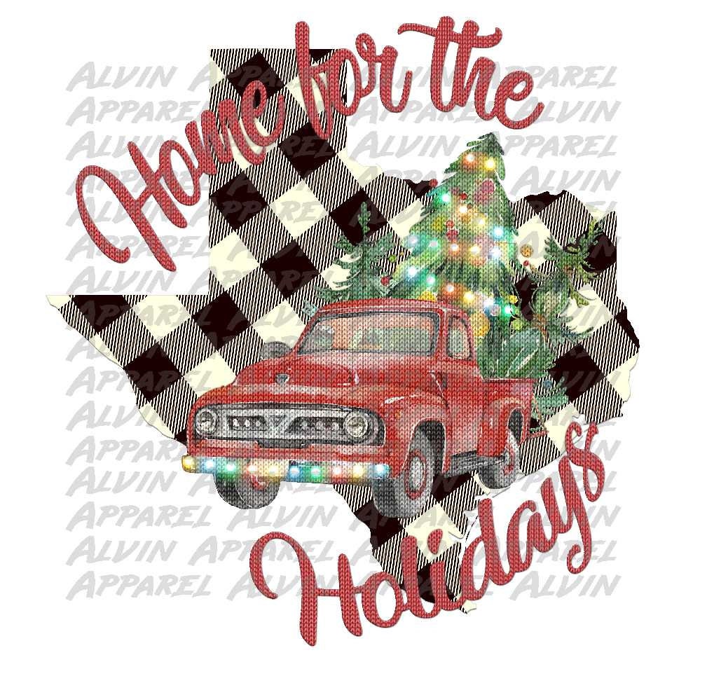 Home for the Holidays Red Truck Black White Plaid Texas Transfer