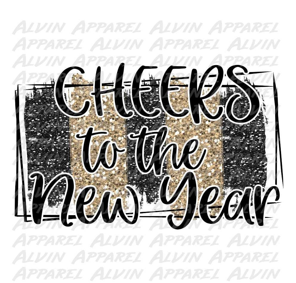 Cheers to the New Year Black Gold Glitter Transfer