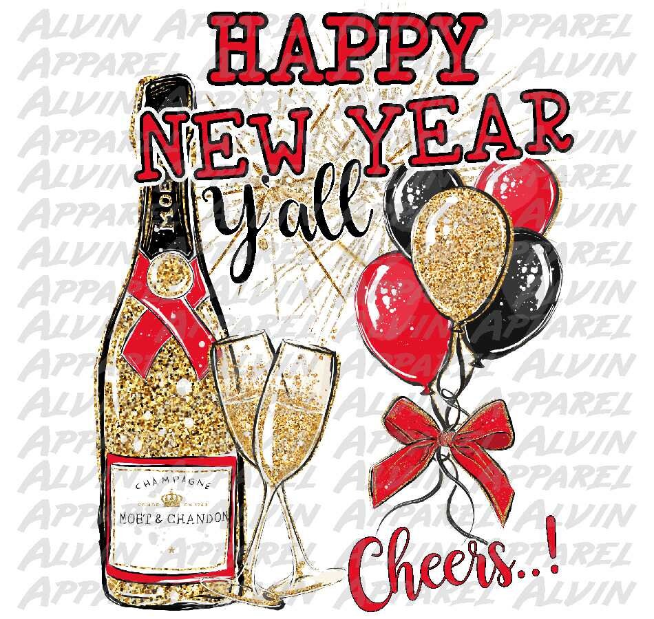 Happy New Year Y'all Champagne Bottles Glitter Cheers Transfer