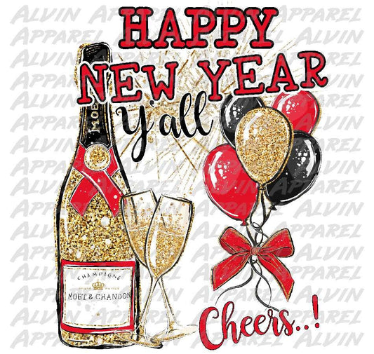 Happy New Year Y'all Champagne Bottles Glitter Cheers Transfer