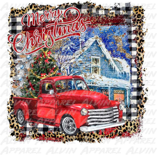 Merry Christmas Red Truck Blue House Transfer