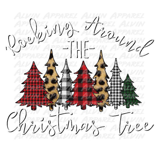 Rocking Around the Christmas Tree White Plaid Leopard Transfer