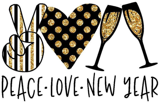 Peace Love New Year Champagne Glasses Gold Glitter Transfer